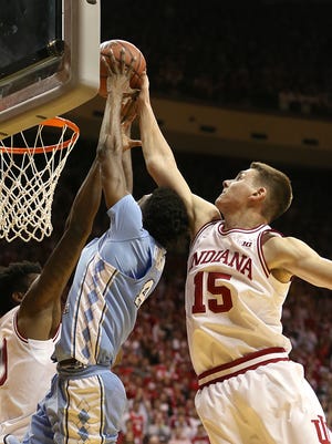 Indiana's Zach McRoberts (15) blocks a shot against North Carolina, Nov. 30. The Hoosiers' defense has improved across the board in 2016.