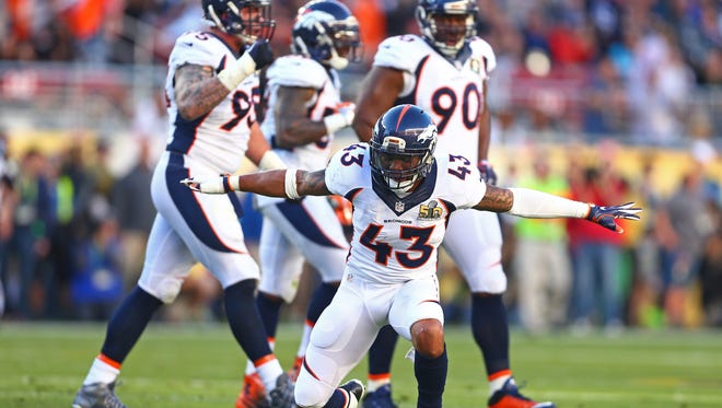 Broncos safety T.J. Ward (43) celebrates a play against the Panthers in Super Bowl 50 at Levi's Stadium.