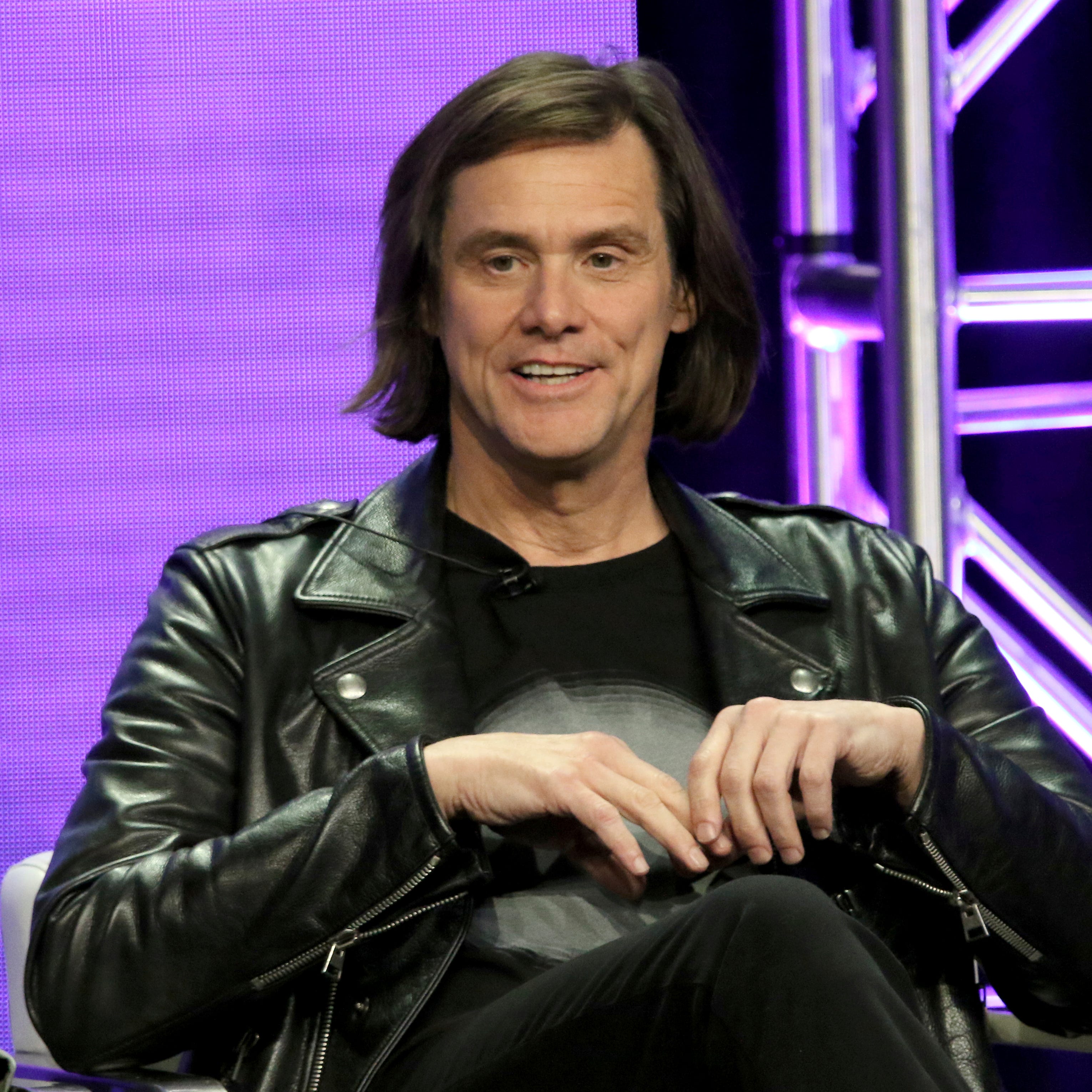 Jim Carrey talks during a Showtime panel for 'Kidding' Monday at the Television Critics Association summer press tour.