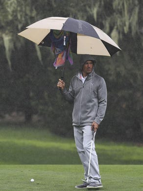 February 10, 2017; Pebble Beach, CA, USA; Kelly Slater prepares for his fairway shot on the 11th hole during the second round of the AT&amp;T Pebble Beach Pro-Am golf tournament at Spyglass Hill Golf Course.