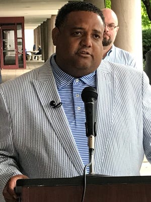 Brandon Brown, the Democratic nominee for South Carolina's Fourth Congressional District, speaks at a news conference Thursday in Greenville.
