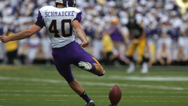 
Northern Iowa kicker Michael Schmadeke, shown against Iowa on Aug. 30, converted five field goals of 30, 25, 38, 22 and 28 to set the Panthers single-game record for points by a kicker with 20 (including five converted extra points).
