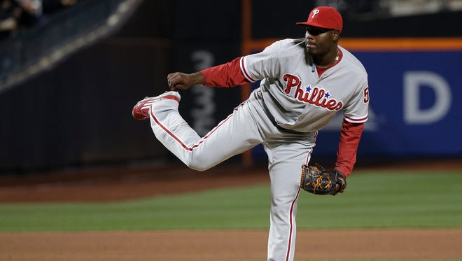Phillies relief pitcher Hector Neris has struck out five batters and surrendered only one hit in 4 1/3 innings in four games the first week of this season.