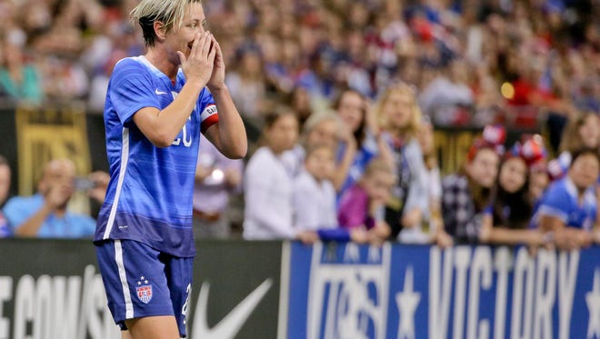 Forward Abby Wambach (20) reacts to a call during the first half of the World Cup Victory Tour match against China.