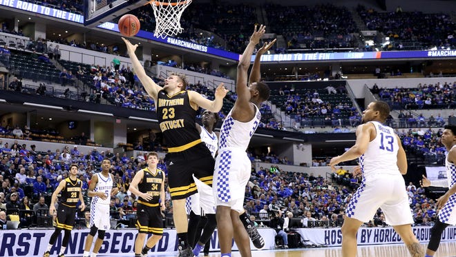 Northern Kentucky Norse forward Carson Williams (23) scored 21 points against Kentucky in the first round of the NCAA Men’s Basketball Championship in Indianapolis on Friday March 17, 2017. NKU lost 79-70.