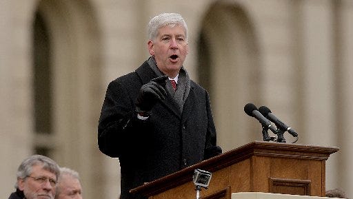 Gov. Rick Snyder, shown at his inauguration Jan. 1, will give his State of the State address Tuesday, Jan. 20, 2015.