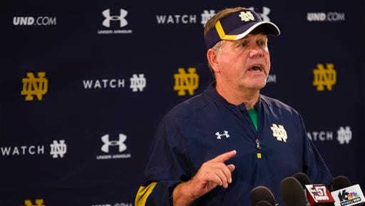 Notre Dame football coach Brian Kelly speaks during a news conference in South Bend, Ind. Wednesday, Aug. 24, 2016. A not guilty plea has been entered on behalf of a Notre Dame cornerback accused of tackling a police officer and punching him during an altercation outside a bar. St. Joseph Superior Court Magistrate Elizabeth Hardtke entered the preliminary plea Wednesday for Devin Butler on felony counts of resisting law enforcement and battery against a public safety official. (Michael Caterina/South Bend Tribune via AP)