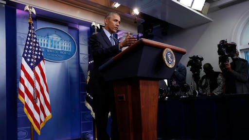 President Barack Obama speaks during his final presidential news conference, Wednesday, Jan. 18, 2017, in the briefing room of the White House in Washington.
