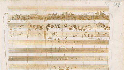 This undated photo released by RR Auction shows one page of a handwritten musical score by Wolfgang Amadeus Mozart for the third movement, "Allegro," of his Serenade in D Major, circa 1773. The manuscript, written on both sides of a single sheet, is set to be auctioned Wednesday, March 8, 2017, by the Boston-based auction firm.