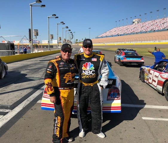 NBC hockey analyst Jeremy Roenick (right) got some NASCAR driving lessons from Brendan Gaughan before taking his race car for a spin.