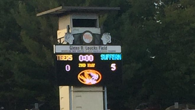 Scoreboard of the final results between Suffern and White Plains at White Plains High School on Monday, September 28th, 2015.
