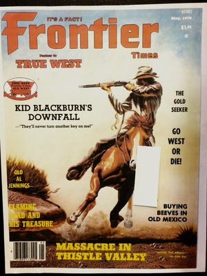 Articles in Frontier Times are derived from actual conversations and written documents. The featured categories include genealogy, Indian battles, mega ranches, Texas Rangers and gunmen. The publication started in 1923 until 1954. In the 1970s, reprints began. Cover painting by John Cox.