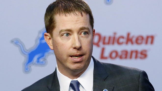 Detroit Lions general manager Bob Quinn answers reporters questions after being introduced during a news conference Monday, Jan. 11, 2016, in Allen Park, Mich. (AP Photo/Duane Burleson)