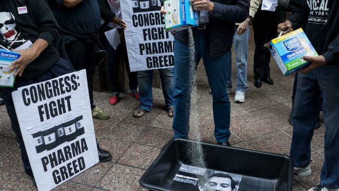 People protest against Turing Pharmaceuticals in New York on Oct. 1, 2015.
