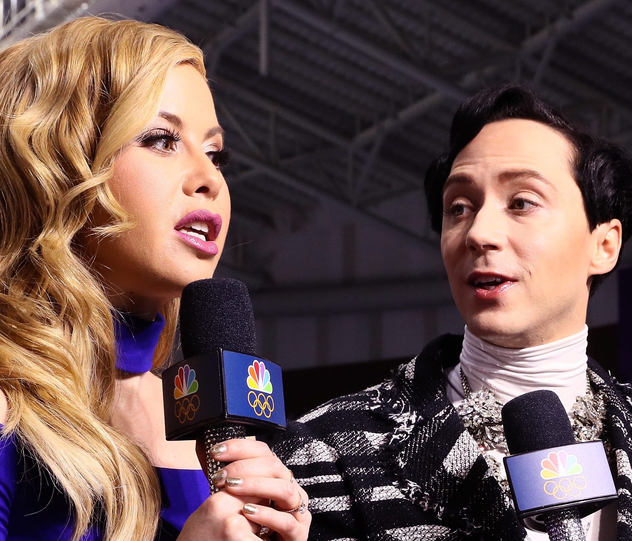 GANGNEUNG, SOUTH KOREA - FEBRUARY 14:  Figure skating announcers Tara Lipinski and Johnny Weir prepare for the start of the Pair Skating Short Program on day five of the PyeongChang 2018 Winter Olympics at Gangneung Ice Arena on February 14, 2018 in 