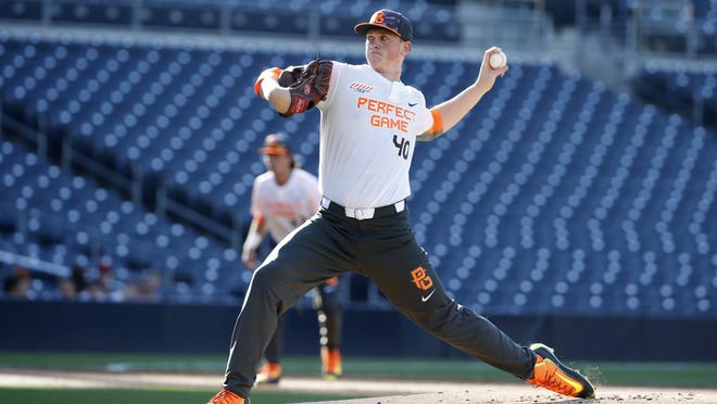 Red Sox prospect Jason Groome, shown pitching at the Perfect Game All-American Classic high school baseball game in San Diego in 2015, pitched four innings in an intrasquad game at Fenway Park on Sunday as he continuse to work his way back from Tommy John surgery.