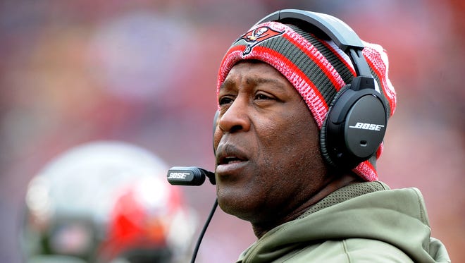 Tampa Bay Buccaneers coach Lovie Smith is shown on the sideline during a game against the Washington Redskins at FedExField.
