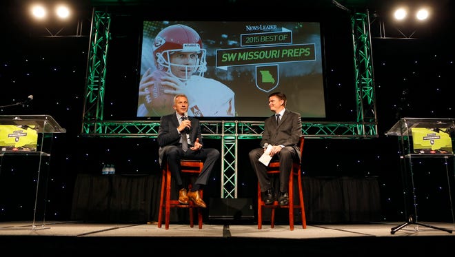 Retired NFL quarterback Joe Montana answers questions from News-Leader prep sports reporter Rance Burger during the News-Leader's 2015 Best of SW Missouri Preps at the University Plaza Hotel and Convention Center on Thursday, June 4, 2015.