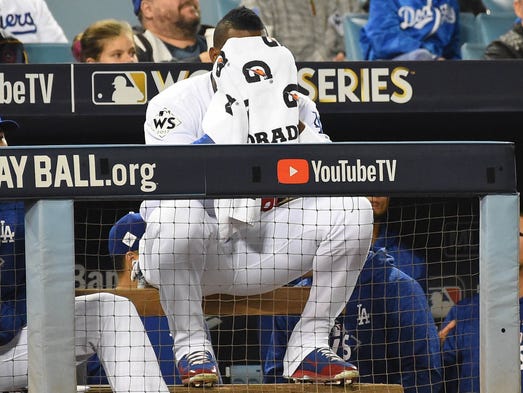 Game 7 at Dodger Stadium: Yasiel Puig reacts in the