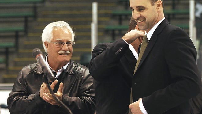 Ron Mason, left, and Tom Anastos were both at Munn Arena on Feb. 22, 1980, as the United States defeated the U.S.S.R. 4-3 in “The Miracle on Ice” Olympic hockey game in Lake Placid, N.Y. Mason was in his first year as MSU’s head coach, while Anastos was a 16-year-old recruit watching from the stands as the Spartans defeated Notre Dame, 7-6.