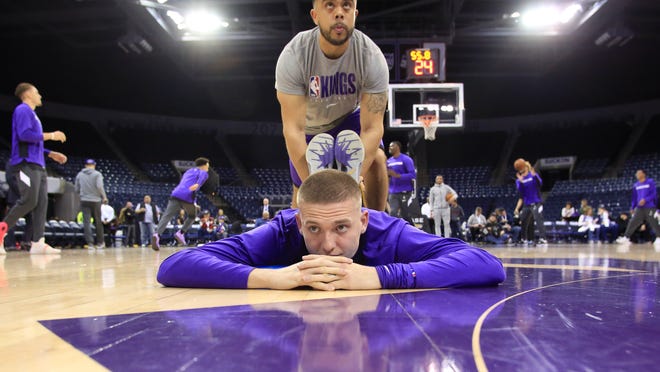 STOCKTON, CA - DECEMBER 28: Kyle Guy #7 of the Stockton Kings stretches while playing against the Santa Cruz Warriors during an NBA G-League game on December 28, 2019 at Stockton Arena Center in Stockton, California. NOTE TO USER: User expressly acknowledges and agrees that, by downloading and or using this photograph, User is consenting to the terms and conditions of the Getty Images License Agreement. Mandatory Copyright Notice: Copyright 2019 NBAE (Photo by Jack Arent/NBAE via Getty Images)