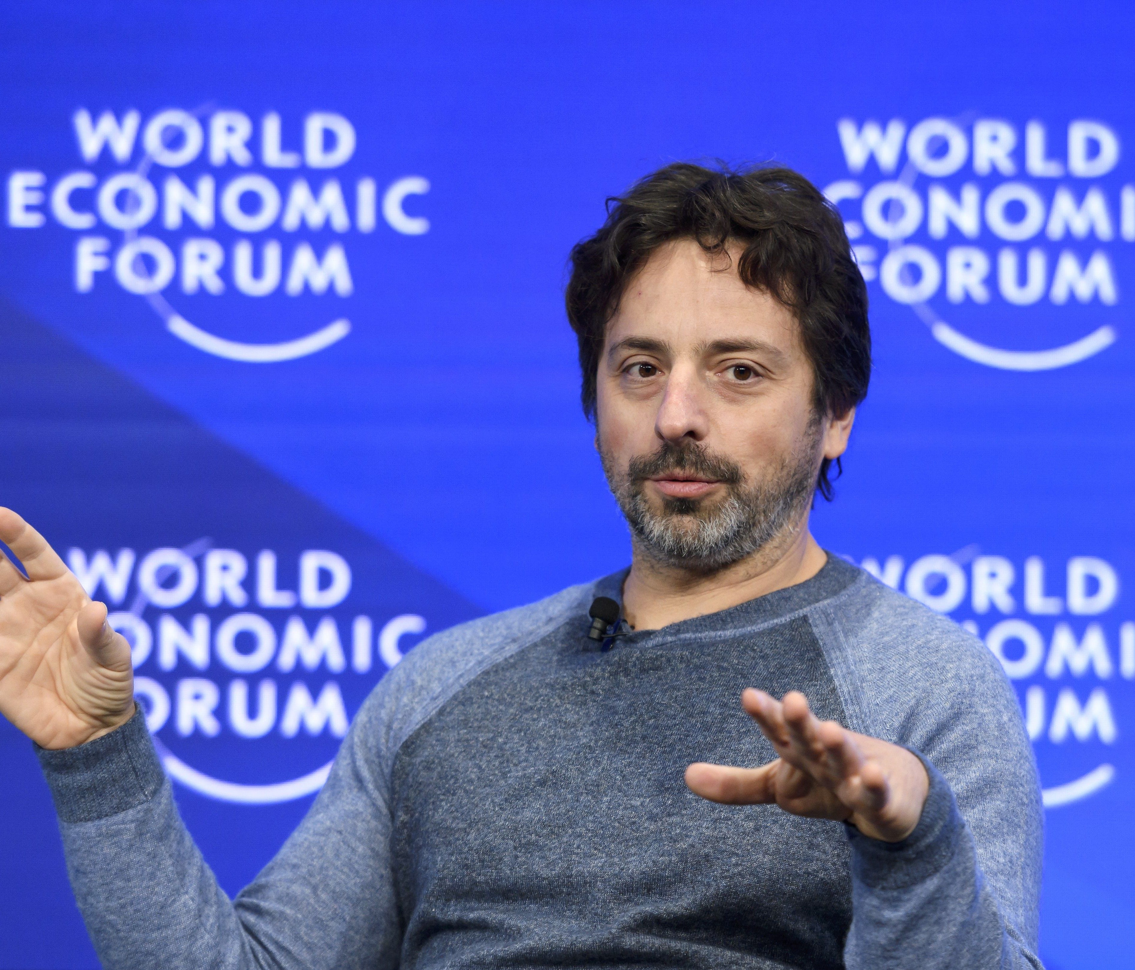 Google co-founder Sergey Brin, seen here at a World Economic Forum session in January, wants to build a $100 million blimp, according to the Guardian.