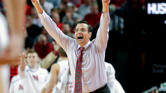 FILE - In this Nov. 26, 2017, file photo, Nebraska coach Tim Miles calls a play during the second half of an NCAA college basketball game against Boston College, in Lincoln, Neb. A person familiar with the situation tells The Associated Press that Nebraska basketball coach Tim Miles is receiving a one-year contract extension. The person spoke on condition of anonymity because the school hasn't officially announced Miles' extension. (AP Photo/Nati Harnik, File)
