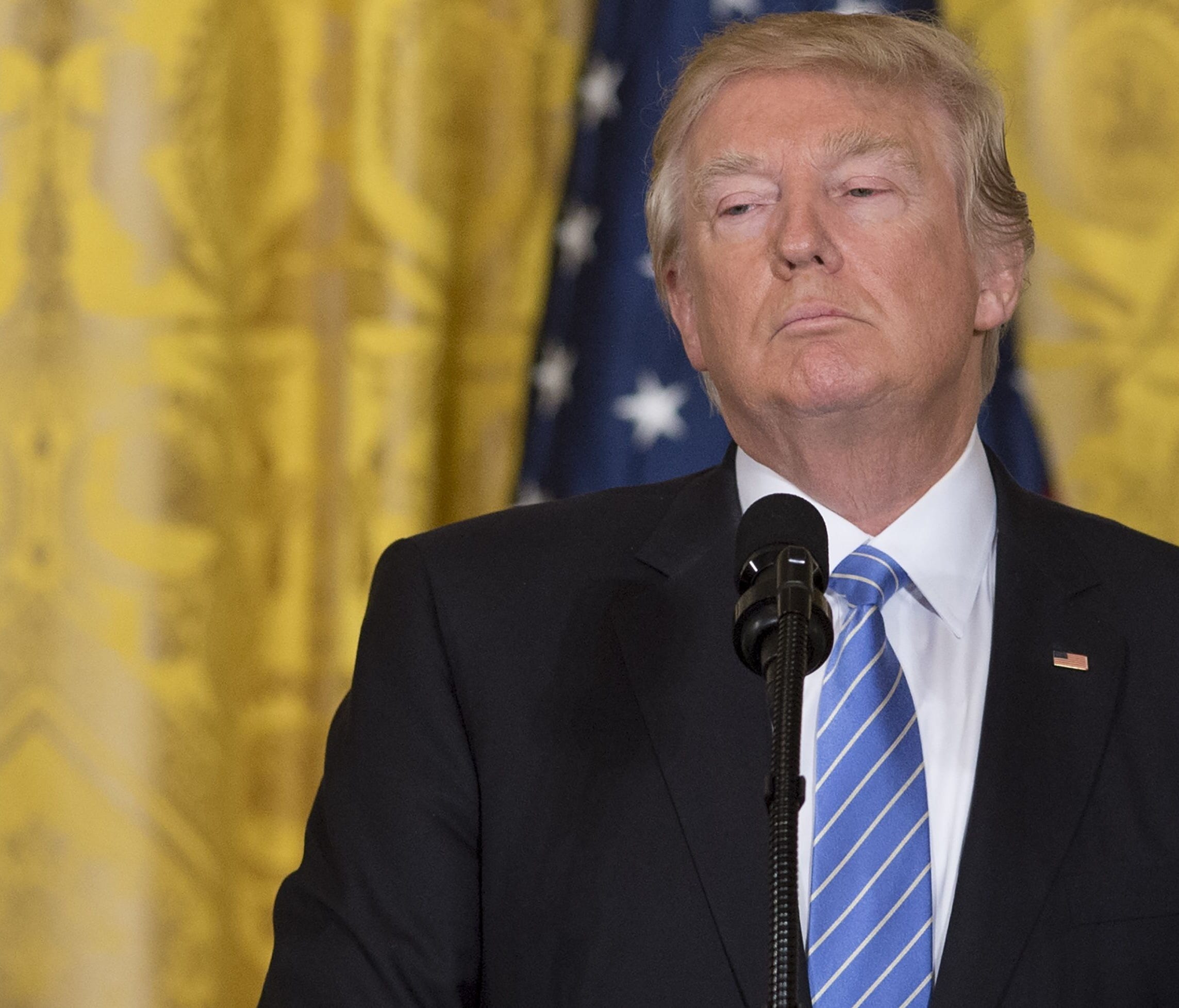 TOPSHOT - US President Donald Trump speaks during a joint press conference with Israeli Prime Minister Benjamin Netanyahu in the East Room of the White House in Washington, DC, February 15, 2017. / AFP PHOTO / SAUL LOEBSAUL LOEB/AFP/Getty Images ORG 