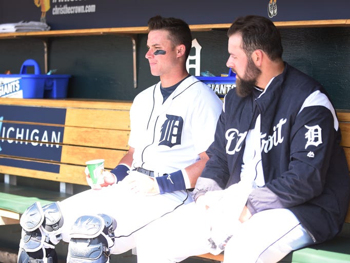 Tigers catcher James McCann, left, and pitcher Michael