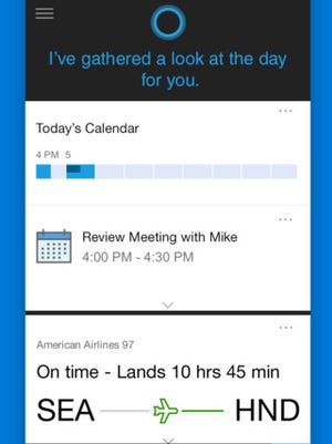 A screenshot of the app Cortana for iOS and Android.