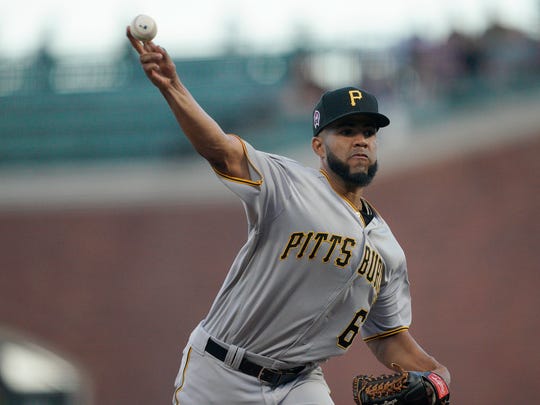 Pittsburgh Pirates starting pitcher Dario Agrazal works against the San Francisco Giants during the first inning of a baseball game Wednesday, Sept. 11, 2019, in San Francisco. (AP Photo/Tony Avelar)
