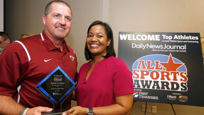 Coach of the Year Randy Coffman of Riverdale and Yolanda Greene of First Tennessee attend the Daily News Journal's All-Sports Awards on Sunday, May 6, 2018, at the Doubletree in Murfreesboro.