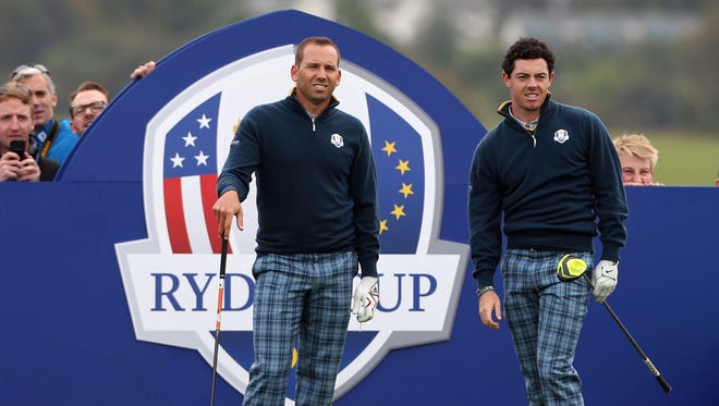 Sergio Garcia and Rory McIlroy stand on the tee box during a practice round for the 2014 Ryder Cup at The Gleneagles Hotel-PGA Centenary Course on Tuesday.