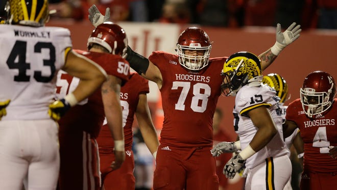 Indiana's Jason Spriggs (78) during overtime of an NCAA college football game against Michigan, Saturday, Nov. 14, 2015, in Bloomington, Ind. Michigan defeated Indiana, 48-41 in double overtime. (AP Photo/Darron Cummings) 
