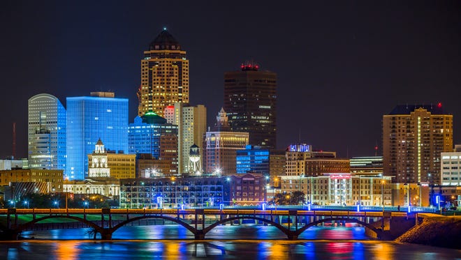 The Des Moines skyline shines over the confluence of the Des Moines and Raccoon Rivers in August.