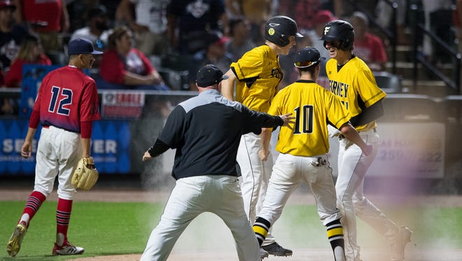 Forney celebrates after scoring three runs in the sixth inning of the 5A State Baseball Semifinal against Veterans Memorial at Dell Diamond in Round Rock on Thursday, June 7, 2018.
