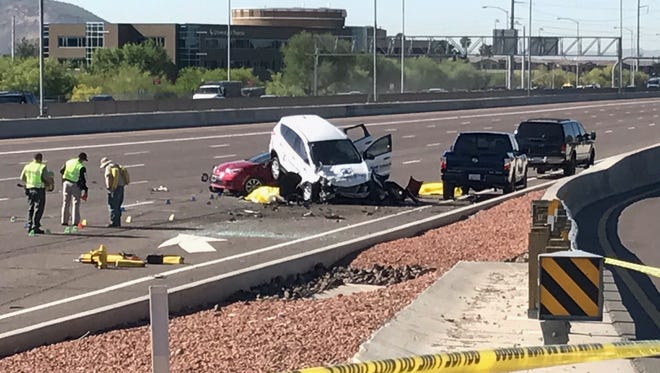 Two people were killed and two were hurt in a multi-vehicle collision involving a motorcycle on Interstate 17 in north Phoenix on May 1, 2017.