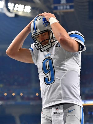 Dec 13, 2015; St. Louis, MO, USA; Detroit Lions quarterback Matthew Stafford (9) reacts after an incomplete pass against the St. Louis Rams during the first half at the Edward Jones Dome.