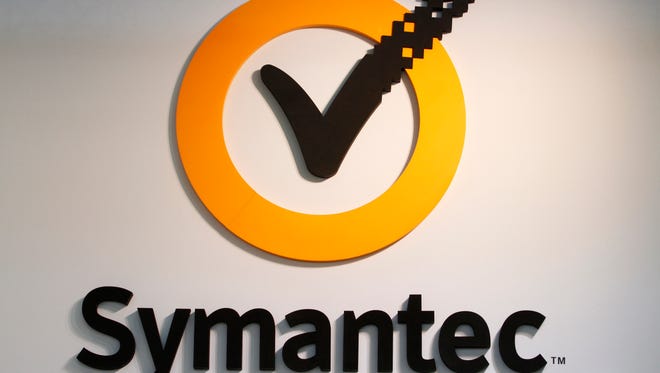 The logo of Symantec Corp., is displayed at the CeBIT technology fair in Hanover, Germany, on Tuesday, March 6, 2012.