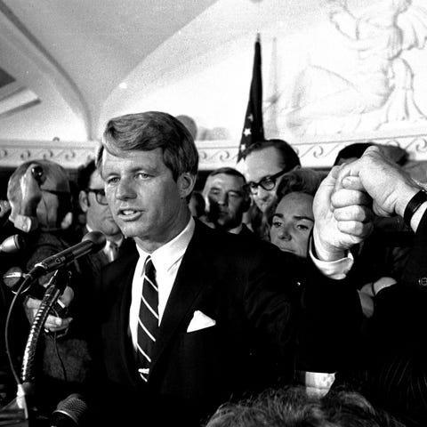 Sen. Robert F. Kennedy addresses a throng of suppo