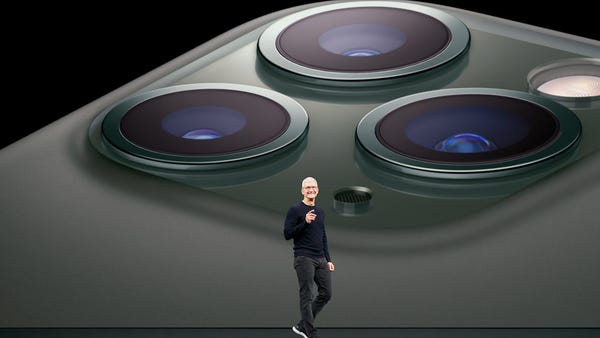 Apple CEO Tim Cook announcing the iPhone 11 Pro.