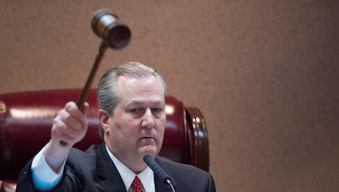 Alabama Speaker of the House Mike Hubbard pounds the gavel marking the end of the first day of the 2016 legislative session on Tuesday, Feb. 2, 2016, at the State House building in Montgomery, Ala.