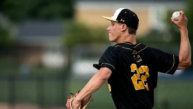 Red Lion starting pitcher C.J. Czerwinski delivers a pitch to a La Salle College batter, during the PIAA Class 6A quarterfinals in Manheim Township, Thursday, June 7, 2018. The La Salle College Explorers beat the Red Lion Lions 13-0, ending Red Lion's season. during the PIAA Class 6A quarterfinals in Manheim Township, Thursday, June 7, 2018. The La Salle College Explorers beat the Red Lion Lions 13-0, ending Red Lion's season. 
