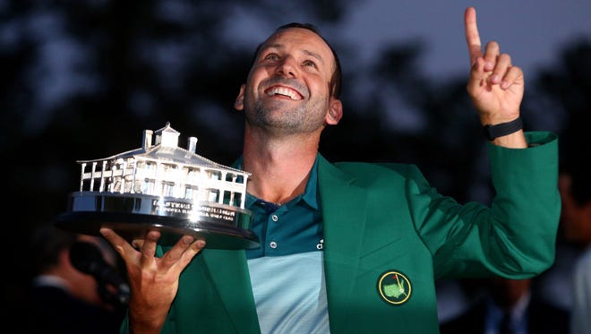 Sergio Garcia celebrates after winning a one-hole playoff with Justin Rose at The Masters golf tournament at Augusta National Golf Club on April 9, 2017.
