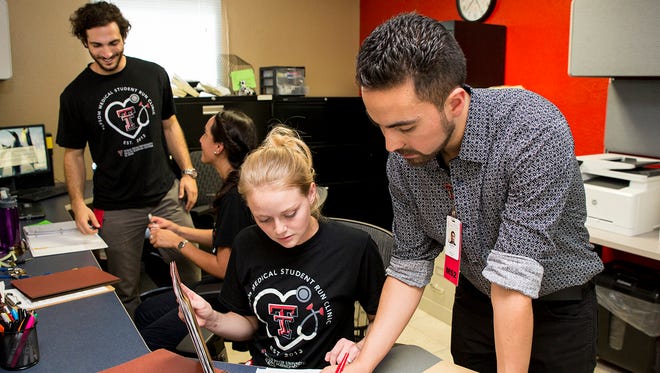 Second-year medical students, left to right, Cyrus Elahi, Natalia Sidhu, Alyssa Price and Ricardo Parra work on paperwork at the Texas Tech University Health Sciences Center El Paso Paul L. Foster School of Medicine Medical Student Run Clinic near Horizon City. The clinic is run by students at the Texas Tech University Health Sciences Center El Paso Paul L. Foster School of Medicine.