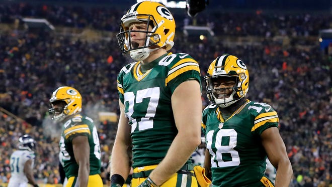 Green Bay Packers wide receiver Jordy Nelson (87) celebrates after scoring a touchdown in the second quarter as the Green Bay Packers host the Seattle Seahawks on Sunday, December 11, 2016, at Lambeau Field in Green Bay, Wis.