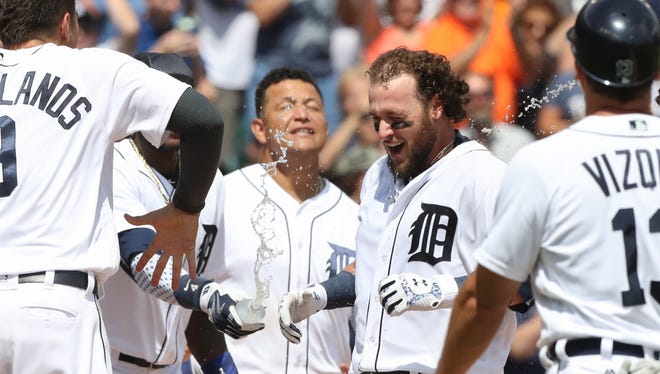 Tigers catcher Jarrod Saltalamacchia celebrates his two-run walk-off home run against the Kansas City Royals' Joakim Soria in the ninth inning July 17, 2016 at Comerica Park in Detroit.