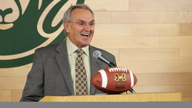 Sonny Lubick speaks at a March 25 ceremony announcing that the playing field at CSU's new on-campus stadium will be named in his honor.