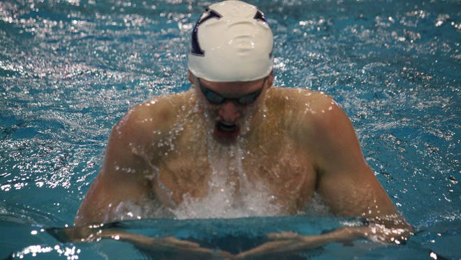St. Xavier High School sophomore Grant House in the third heat of the 200-yard breaststroke on Jan. 17, 2015 at Miami University in the Southwest Ohio Classic.