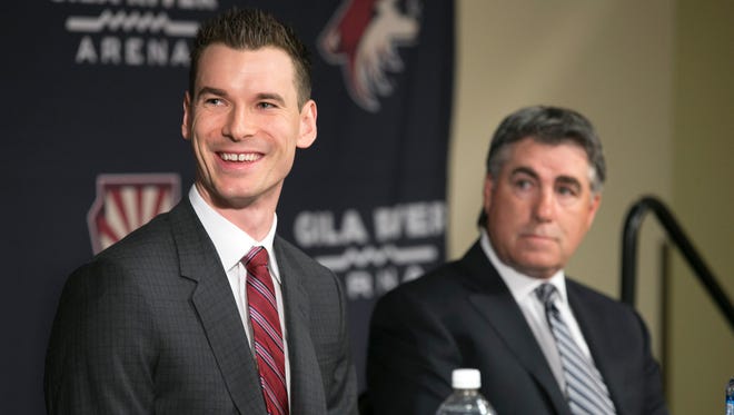 Coyotes new general manager John Chayka is introduced during a news conference at Gila River Arena in Glendale on Thursday, May 5, 2016.